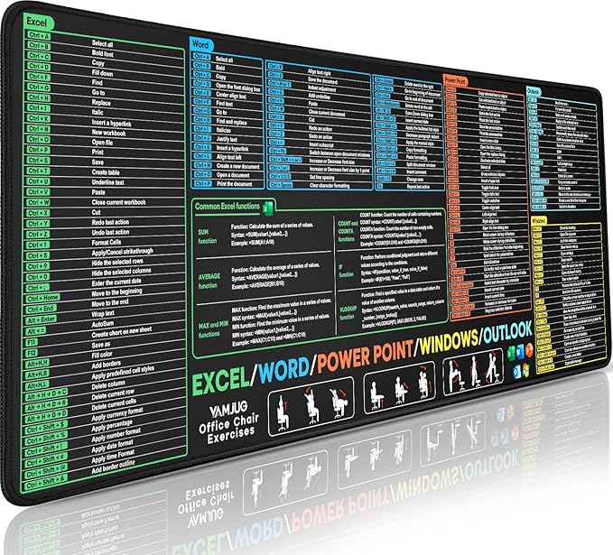 Excel/Word/PowerPoint/Windows/Outlook Cheat Sheet Desk Pad, Large Gaming Office pc Desk mat with Non-Slip Stitched Edge (31.5 x 11.8 inch)