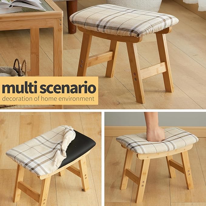 Foot Stool Ottoman Foot Rest Under Desk,Small Stool for Living Room, Bedroom and Kitchen (Natural Legs - Stripes Stool Surface)