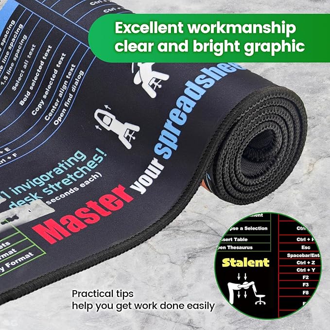 Excel/Word/Power Point Mouse pad Cheat Sheet Desk pad XXL (35.4"x15.7") Non-Slip Office, Gaming Desk Mat Over 200 Shortcuts Computer Desk Mat, Keyboard mat