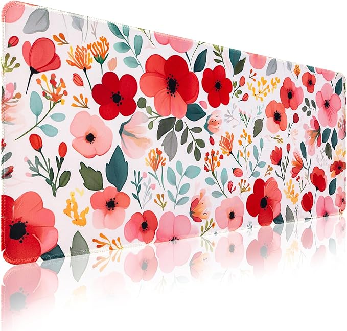 Floral Desk Mat, Desk Matt for Desktop Non-Slip, Large Mouse Pad with Stitched Edges, XL Computer Desk Mat for Women Office Decor (Red, 31.5" x 15.7")