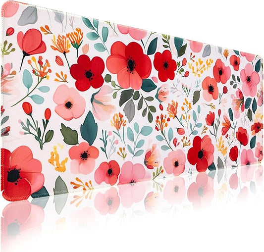 Floral Desk Mat, Desk Matt for Desktop Non-Slip, Large Mouse Pad with Stitched Edges, XL Computer Desk Mat for Women Office Decor (Red, 31.5" x 15.7")