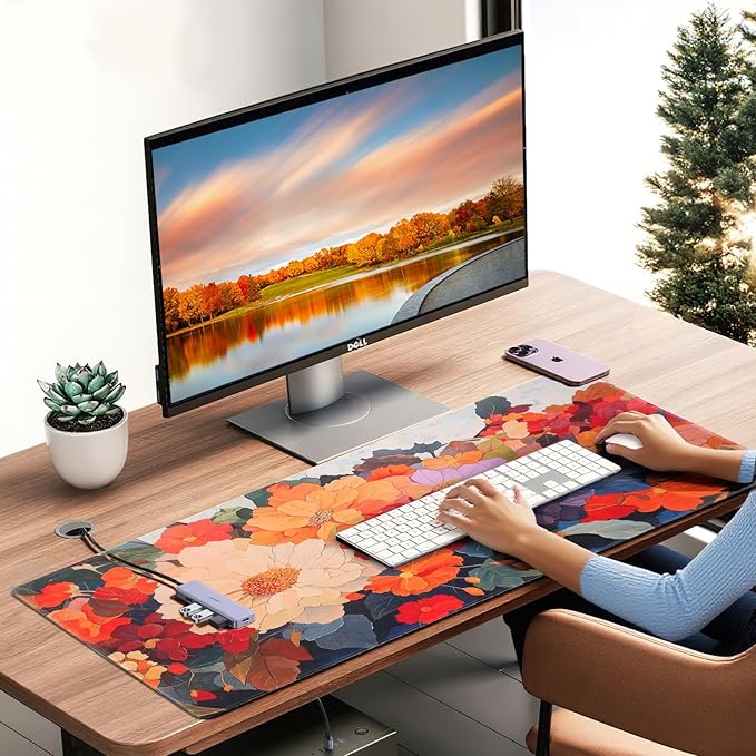Extended Mouse Pad, Floral Design, 35.4 x 15.7 Inches, Microfiber Cloth Surface, Non-Slip Rubber Base, Rectangular Desk Mat for Gaming and Work