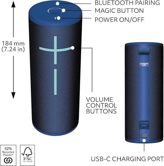 Ultimate Ears Boom 4 Portable Waterproof Bluetooth Speaker with 360-Degree, Bold, Immersive, Crystal-Clear Sound, Floating Speaker with 15-Hour Battery and 147ft (45m) Range - Blue