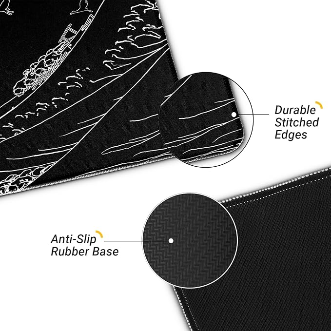 Gaming Mouse Pad, Large 31.5 x 11.8 inches Mousepad, Long Keyboard Pad, Cute Mouse Mat for Computer with Stitched Edges and Non-Slip Base (Black Japanese Wave)