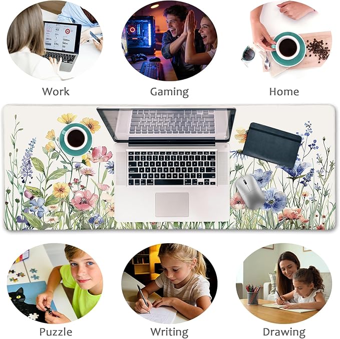 Flower Mouse Pad Large Desk Mat Pad, XL Computer Mousepad with Stitched Edges Non-Slip, Keyboard Mouse Pad for Desktop Laptop Work Home Cute Office Supplies Desk Accessories 31.5x11.8 in