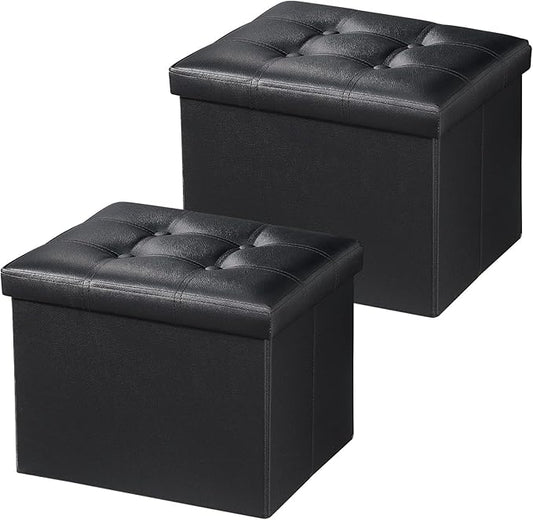 Bsketa 2PC Storage Ottoman, Folding Foot Stool with Thicker Foam Padded Seat Small Leather Storage Ottoman Bench Foot Rest for Living Room Foldable Coffee Table 17x13x13in,Black