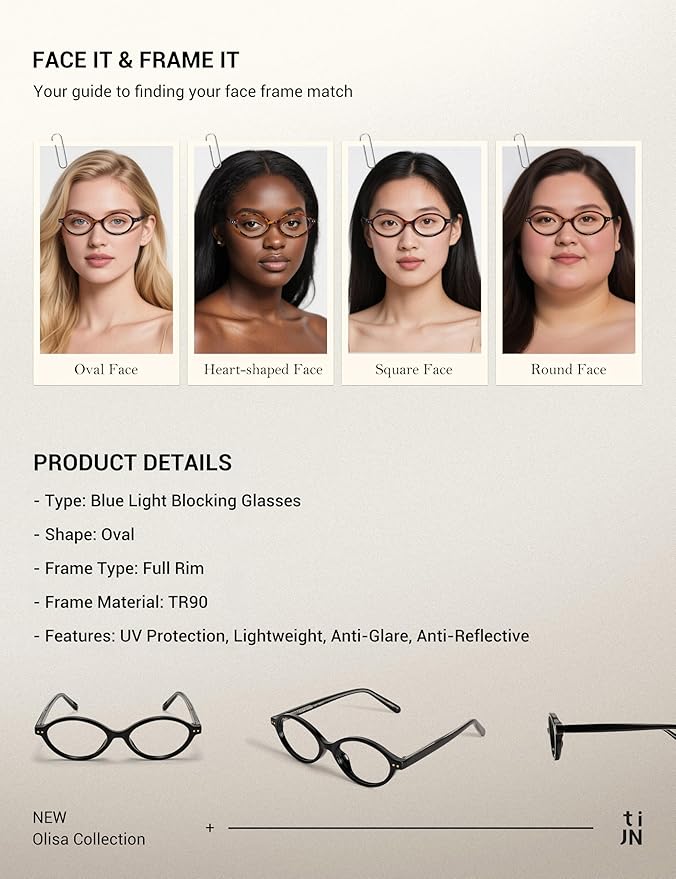 TIJN Olisa Blue Light Blocking Glasses for Women Men,Retro Oval Frame Bluelight Eyeglasses for Gaming/Computer/Screen