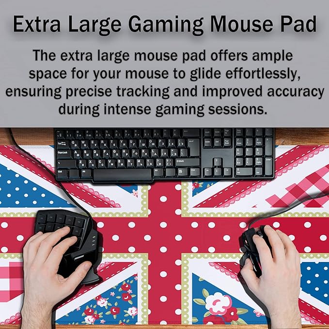 Union Jack Gaming XXL Mouse Pads British Flag Mouse Pad Shabby Chic Floral Style Mousepads Non-Slip Rubber Base Waterproof with Stitched Edges, 35.4" X 15.7" for Work/Game/Office/Home