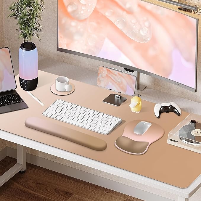 4-in-1 Large Gaming Mouse Pad, Keyboard Wrist Rest Pad & Wrist Support Mousepad Set, Extended Desk Pad Waterproof Desk Mat Protector for Home Office Decor Study Game 35.4×15.7 Inches I Milk Tea Brown