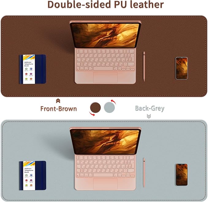 Double-Sided Office Desk Mat, Large Mouse Pad, Waterproof PU Leather Protective Pad, Laptop Desk Pad, Dual Use Cover Protector for Office/Home Keyboard (Brown+Grey, 31.5''×15.8'')