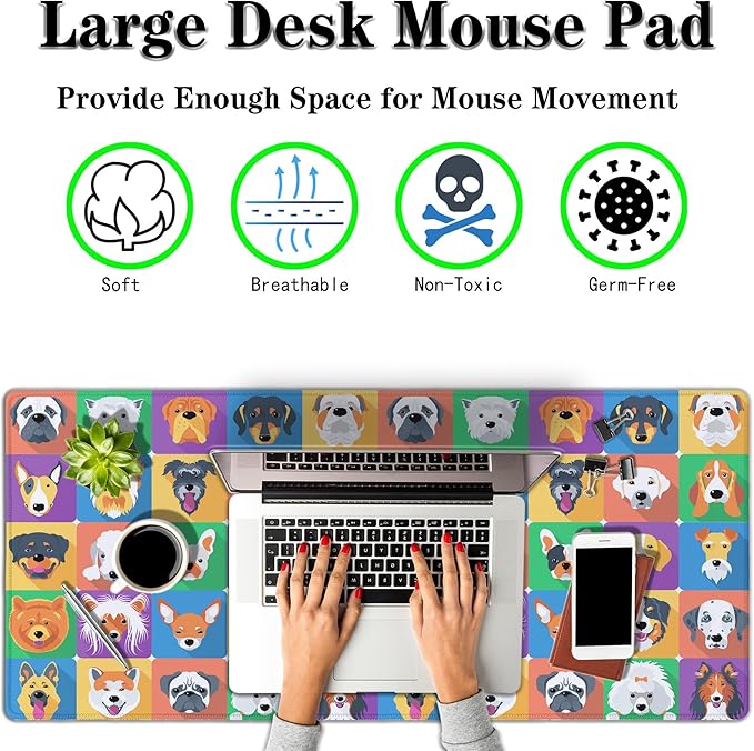 Keyboard Mats Dogs Full Mouse Mat, Desk Mouse Pad Extra Large Mouse Pads, Oversized Mousepad Non-Slip Rubber Base Waterproof with Stitched Edges, 35.4 X 15.7 inch for Work/Game/Office/Home