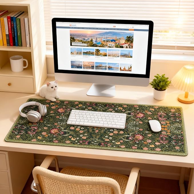 Dark Green Floral XXL Desk Mat, Extra Large Mouse Pad with Anti-Slip Base & Stitched Edges for Women, Aesthetic Desk Pad for Home Office Computer, Keyboard Mat Office Supplies Decor