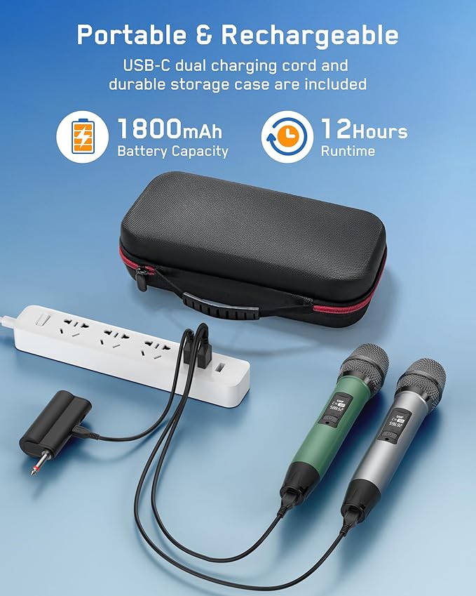 Rechargeable Wireless Microphone, Two Metal UHF Microphones with 1/4" Receiver, Plug-and-Play for Karaoke Singsing, Lecture, Stage Performance, PA System (Green - One Mic)