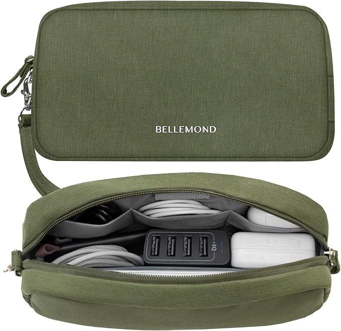 BELLEMOND「Totono+」| Cord Organizer Tech Pouch | Travel Electronics Organizer Case for Cables & Chargers | Hidden AirTag Slot & Cable Pass-Through | Designed in Japan | Bamboo Green