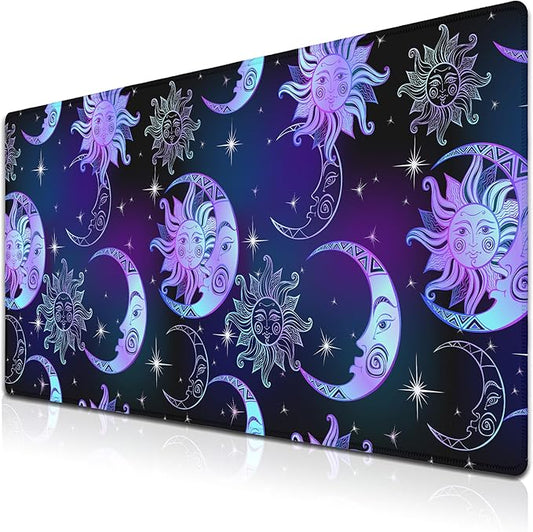 Gaming Mouse Pad Purple Desktop Mat Extra Large Mouse Pads Computer Desk Mat Pc Gaming Mat Waterproof Non-Slip Rubber Base 35.4" X 15.7" for Game Office, Magical Sun and Moon Stars