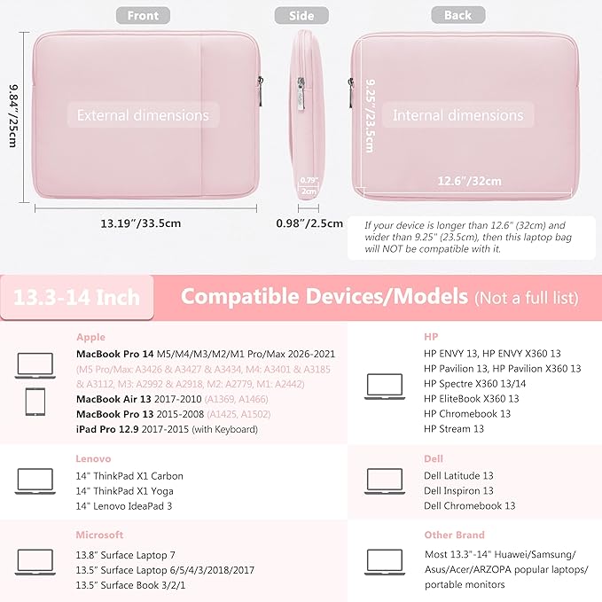 HYZUO 13.3-14 Inch Laptop Sleeve Bag Set for MacBook Pro 14 M5/M4/M3/M2/M1 Pro/Max A3426 A3427 2026-2021, MacBook Air/Pro 13.3, 13.5-13.8" Surface Book/Laptop, Notebook Case for 13.3" HP, Pale Pink