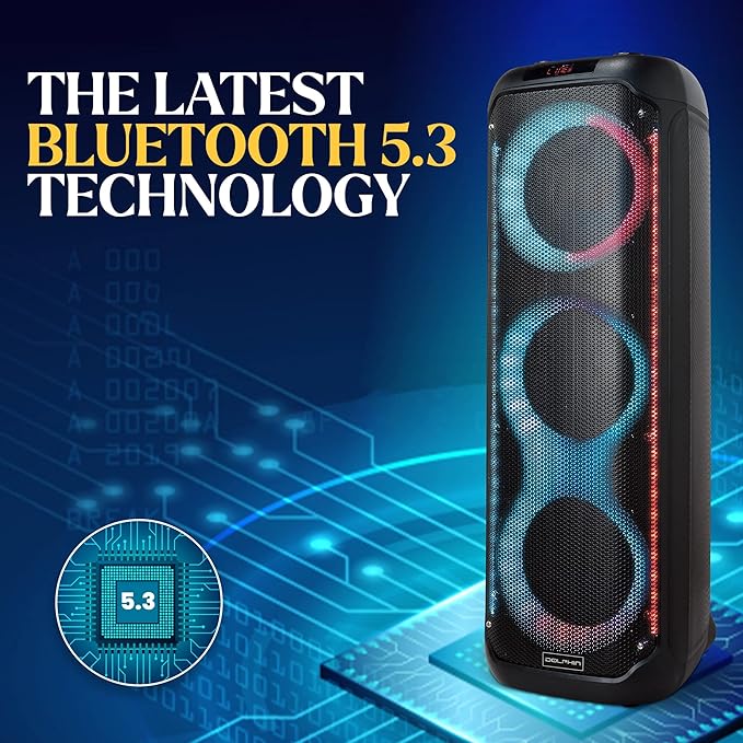 Dolphin KaraokeBox 380: Triple 8" Bluetooth Party Speaker – Powerful Sound System, Long-Lasting Rechargeable Battery, LED Lights, 35-Inch Tall, Portable Design, AUX/USB/TF/Bluetooth Connectivity