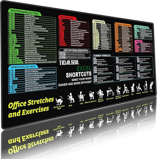 TIDALSOIL Excel Shortcut Keys Mouse Pad 35.4 x 15.7 Inch – Oversized Extended Large Desk Pad with Non-Slip Base, Stitched Edges Mousepad, Smooth Surface for Keyboard, Mouse, Office, Gaming and Work