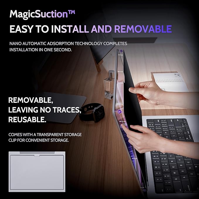 Peslv Privacy Screen for MacBook Pro 14 Inch (2021-2026, M1, M2, M3, M4, M5), MagicSuction™ Removable Anti Spy Black Protector, Glare Blue Light Filter for Mac Laptop Computer