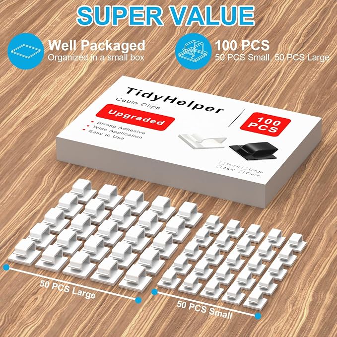 100 PCS Adhesive Cable Clips White (Small & Large), Upgraded Wall Wire Holder for Cord Organizer Cable Management, Outdoor Light Clips Hooks for LED, Car Dash Cam, HDMI, Extension Cord - Image 2