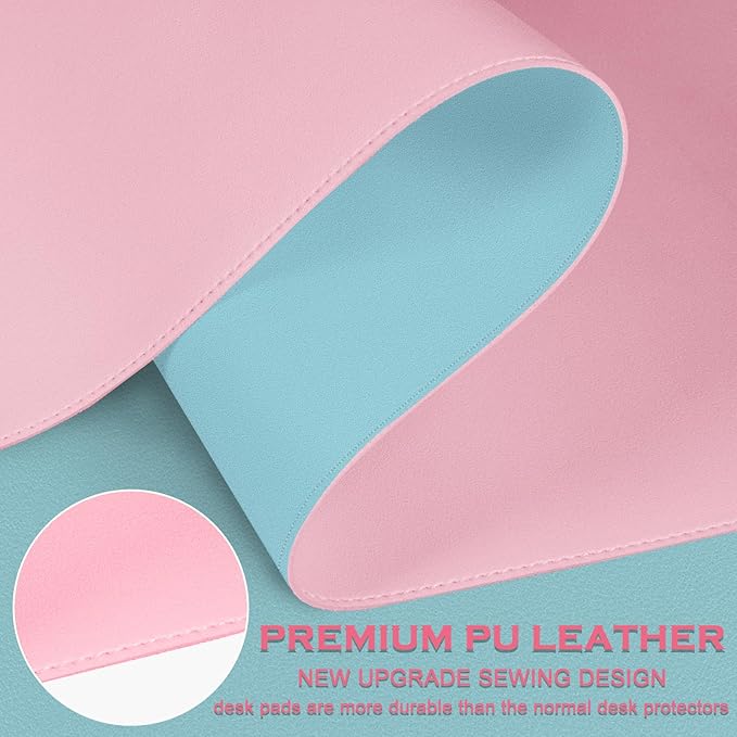 Bleswin Double-Sided Desk Mat, 23.6''×13.8'', PU Leather Mouse Pad, Waterproof Desk Pad, Laptop Leather Desk Mat, Protector for Keyboard and Mouse for Office and Home (Light Pink+Light Blue)