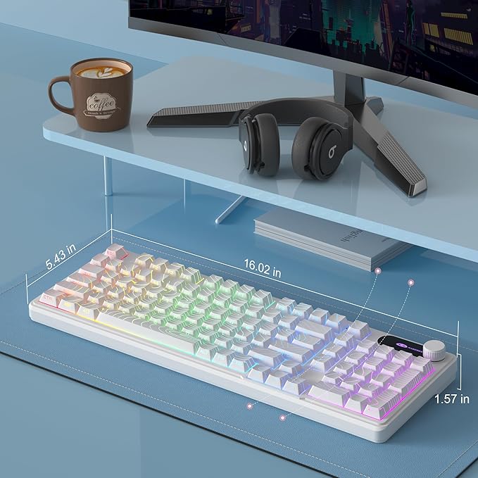 MageGee GK960 Wireless Gaming Keyboard, RGB Tri-Mode Wired/BT/2.4G Creamy Keyboard with Number Pad, 4000mAh Battery, Knob Control, Side Printed Keycaps, 19-Key Rollover for Win/Mac (White Topographic)