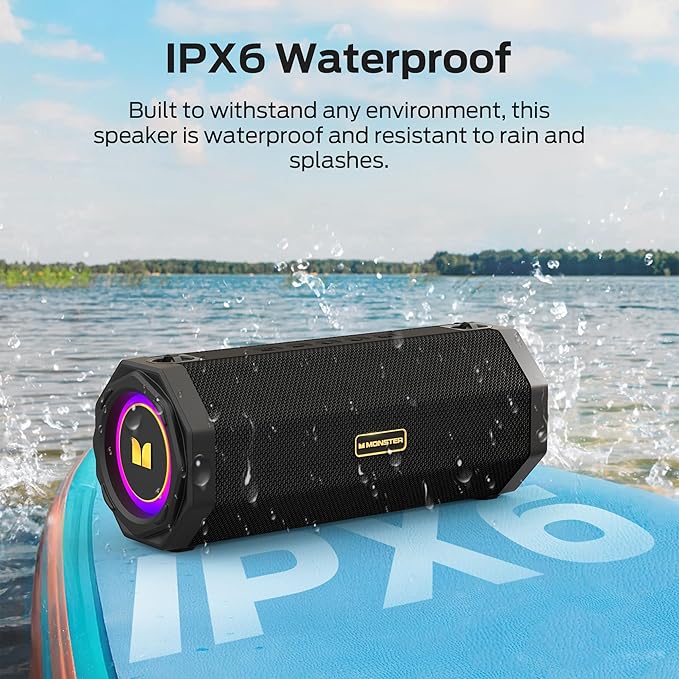Monster Speaker S200 Wireless Portable Bluetooth Speaker, 24H Playtime, IPX6 Waterproof, 50W Stereo Sound, Bluetooth 5.4, Dual Bass Speakers, Perfect for Home, Parties, and Travel.Black