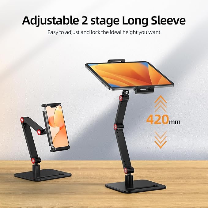 UPERFECT Adjustable Tablet Stand, 360° Swivel & 180° Tilt, Foldable Arm Holder for 4.7–9.87'' Telescopic Clamp, Compatible with ≤18.5'' Monitor/iPhone/iPad/Tablet, Aluminum Alloy, Black