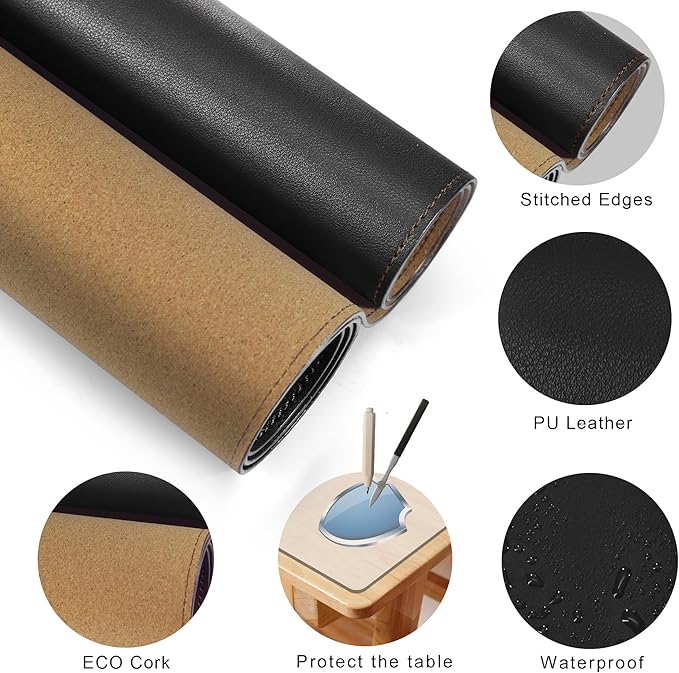 MAIDERN 63”x 31.5” Leather Desk Mat XXL, Large Desk Pad, Reversible Cork & Leather Large Mouse pad for Desk, Waterproof Computer Desk Mat for Gaming Home Office (Black) …
