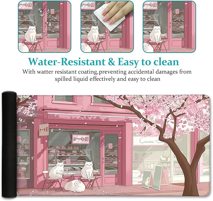 Cat Mouse Pad Large Desk Mat, Pink Cherry Blossom Computer Mousepad with Stitched Edges Non-Slip, Keyboard Mouse Pad for Desktop Cute Office Desk Accessories Japanese Dessert House 31.5in