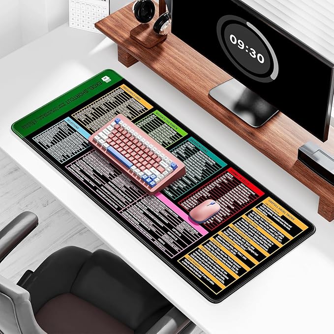Auhoahsil Large Mouse Pad, XXL Gaming Mousepad, Desk Mat for Desktop, Thick Rubber, Big & Long Size, Stitched Edges, Full Desk Pad for Laptop & Computer, Extended 31.5 x 11.8 in, Excel Shortcut Keys