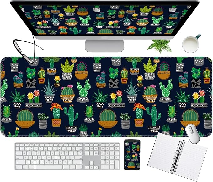 Desk Mat,Big Desk Pad,31.5 x 11.5in Extended Gaming Mouse Pad,Large Mouse Pad for Desk Rubber Base Mousepad with Stitched Edges,Keyboard Mouse Mat for Work Game Office Home - Cute Cactus