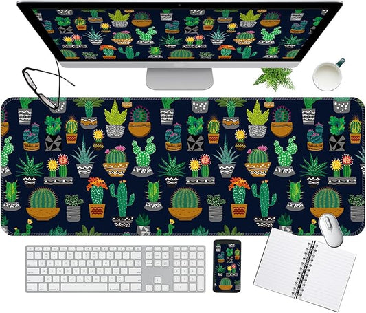 Desk Mat,Big Desk Pad,31.5 x 11.5in Extended Gaming Mouse Pad,Large Mouse Pad for Desk Rubber Base Mousepad with Stitched Edges,Keyboard Mouse Mat for Work Game Office Home - Cute Cactus