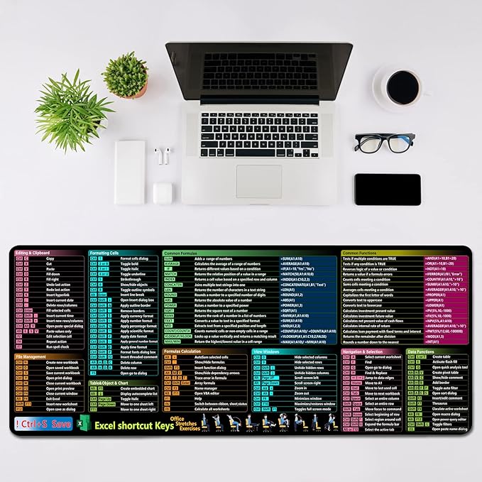 Excel Cheat Sheet Desk Pad, XXL Large Gaming Mouse Pad, Computer Keyboard Mats with Stitched Edges, Non-Slip Rubber Base Laptop Mat for Excel Shortcuts Mousepad Home & Office 35.4" x 15.7"