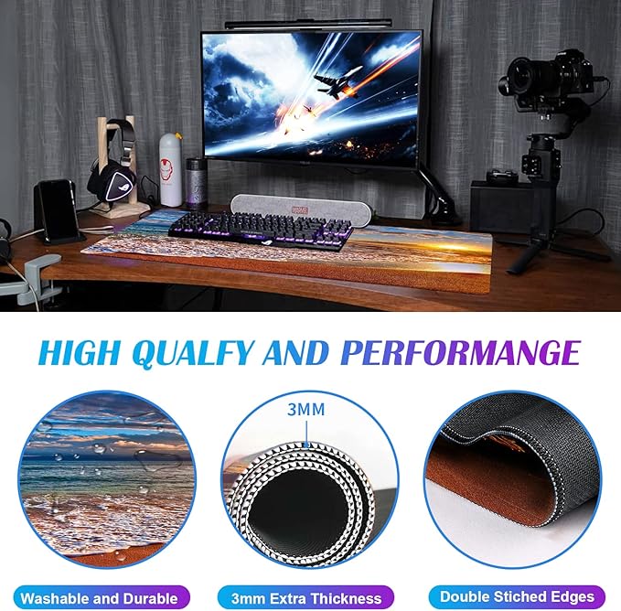 Large Extended Gaming Mouse Pad with Stitched Edges, Non-Slip Waterproof Rubber Base Mouse Pad for Office, Computer, Keyboard, Laptop and Home Desk Pad 35.4 x 15.7 x 0.12 Inch (Beach At Sunset)