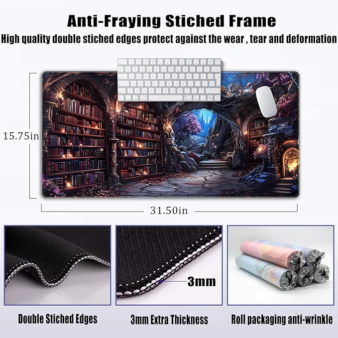 Enchanted Mystic Archive Library Desk Mat Large Mouse Pad Aesthetic Keyboard Pad Extended Gaming Mousepad XXL Dark Academia Desk Pad Computer Laptop Mouse Mat Office Desktop Decor Pad 31.5x15.7 in