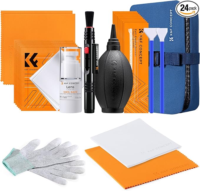 K&F Concept Professional Camera Cleaning Kit - Sensor Cleaner, APS-C & Full-Frame Swabs, Air Blower, Lens Brush, Gloves, Lens Cloths, Carry Case, Lens Cleaning Kit for FF DSLR & Mirrorless Cameras by KFCONCEPT