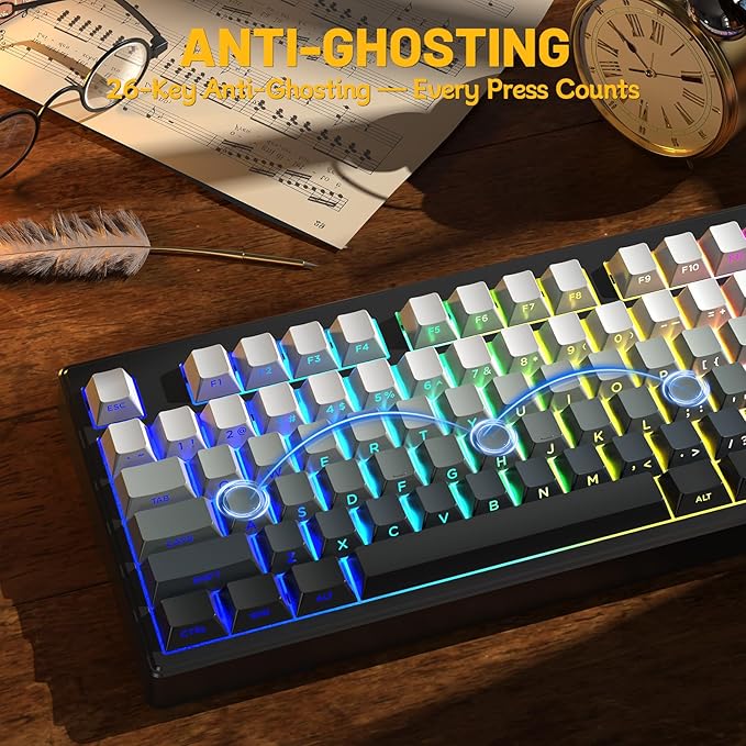 M87V2 Wireless Keyboard,Low Profile Quiet Typing Membrane Gaming Keyboard with 80% TKL Layout Side Printed Keys,RGB Backlit,USB C Rechargeable,87 Keys PBT Keycap for Windows PC,Mac,Linux-Moonlit Night