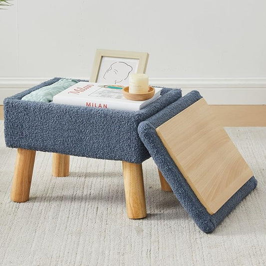 Storage Ottoman, Small Foot Stool Ottoman with Storage, Teddy Velvet Foot Rest with Wood Legs, Footstool for Living Room, Bedroom, Entryway, Blue