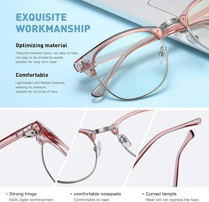 Blue Light Blocking Glasses Vintage Half Frame UV Clear Lens Anti Eyestrain Computer Gaming Glasses for Women