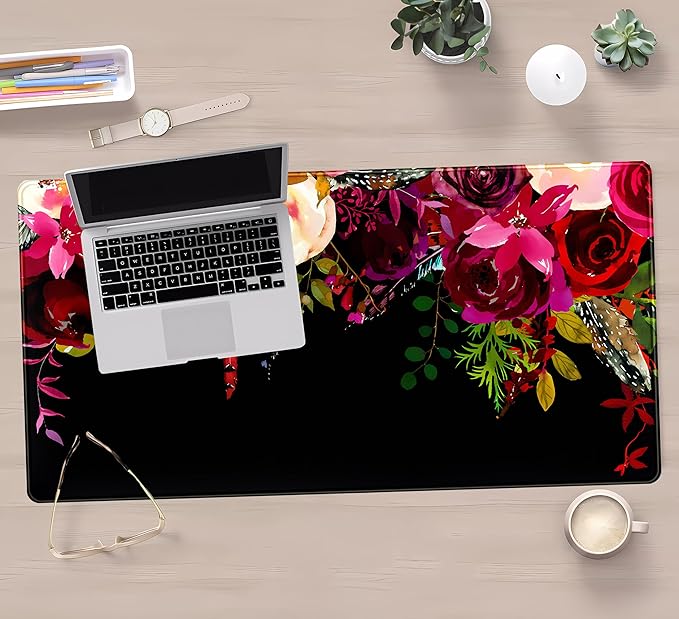 Red Flower Vintage Botanical Desk Pad - Black Mouse Pads, Keyboard Mat, Laptop PC Wireless Mouse Mat XXL, Aesthetic Office Desk Accessories (31.5"x15.75")