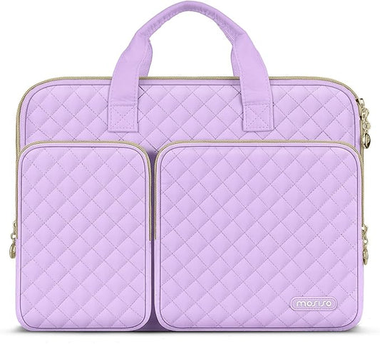 MOSISO 360 Protective Laptop Case 13.3 inch, 13-13.3 inch Laptop Sleeve Compatible with MacBook Air/Pro 13/Pro 14,HP Dell ASUS Lenovo, Square Quilted Bag Cover with 2 Pockets&Handle&Belt, Purple