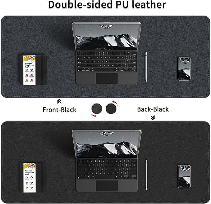 Dual-Sided Desk Mat, Large Desk Pad, Waterproof Smooth PU Leather Desk Blotter Protector Mouse Pad, Desk Organizers, Office/Home Table Decor for Reading and Writing (Black+Black, 47.2''×23.6'')