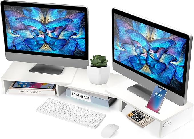La Jaco Dual Monitor Stand Riser for 2 Monitors, Monitor Stand for Desk, Adjustable Length & Swivel Angle Wooden Desktop Organizer Stand Riser with Smartphone Holder for PC Monitor Laptop, White