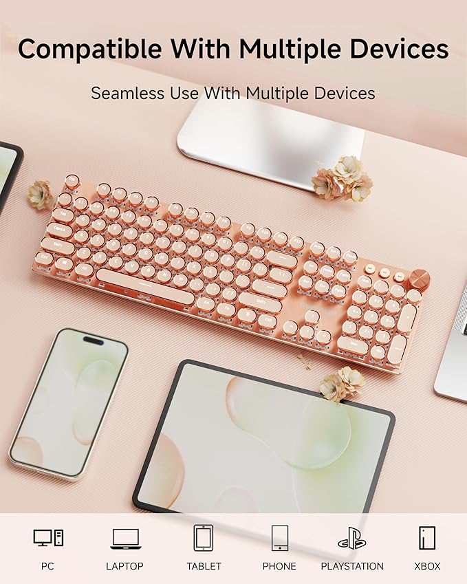 EWEADN V20 Typewriter Keyboard Wireless, 104 Keys Typewriter Style Mechanical with White Backlit, Media Knob, Pink Switch 2.4G/Bluetooth/USB-C Wired Retro Full Size Keyboard for Windows/Mac/PC-Pink