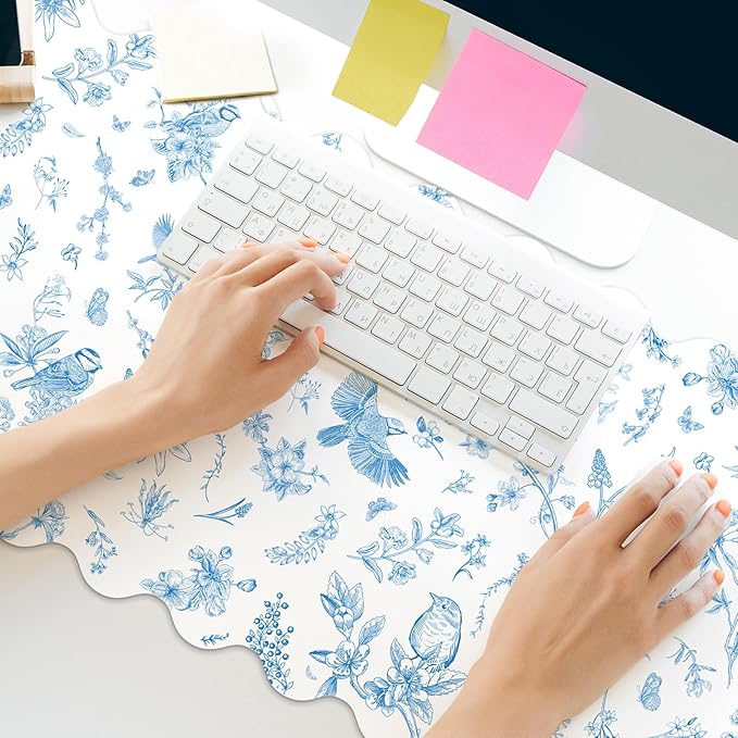 Scalloped Desk Mat Large Blue and White Floral Chinoiserie Mouse Pad 35.4'' x 15.7'' Vintage Nonslip Rubber Keyboard Pad for Laptop Computer Keyboard Vanity Work Home Decor