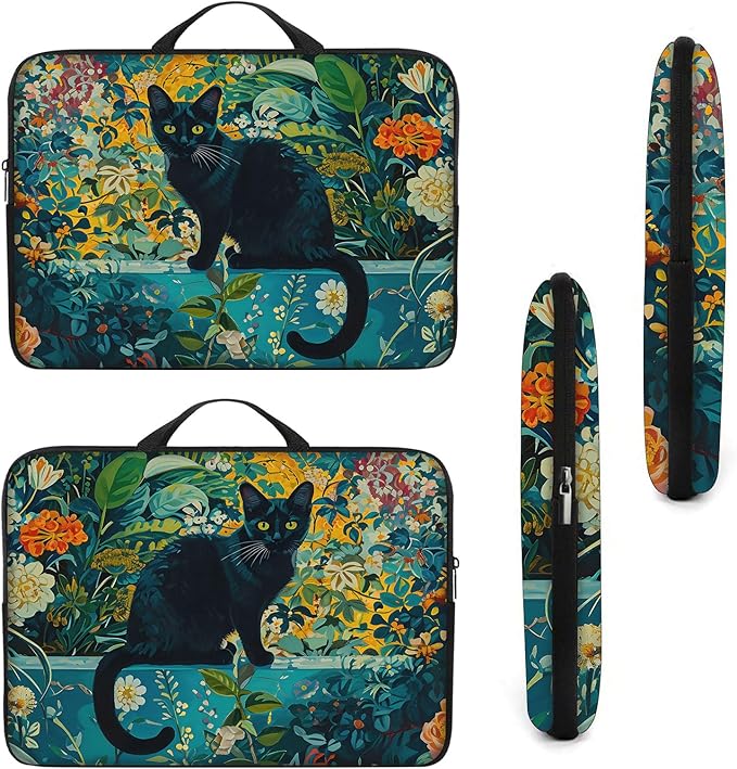 Laptop Sleeve Bag with Handle Computer Protective Soft Cover Case for 14 Inch 13 Inch Laptop,Black Cat Flowers