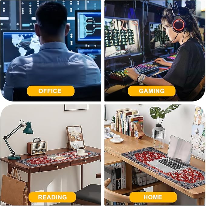 Desk Pad Boho Floral Desk Mat for Keyboard and Mouse, Large XXL Gaming Mouse Pad with Stitched Edges for Work Game Office, 35.43 x 15.75 in