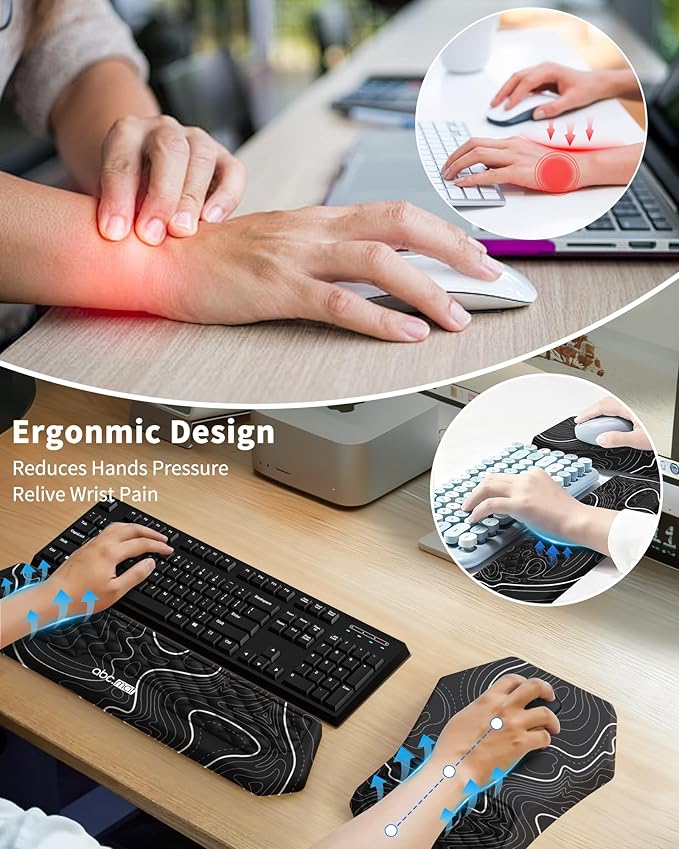 Ergonomic Mouse Pad and Keyboard Wrist Rest Support Set, Massage Design Mousepad for Carpal Tunnel Pain Relief, Memory Foam, Non-Slip PU Base for Computer Desk, Topographic Contour