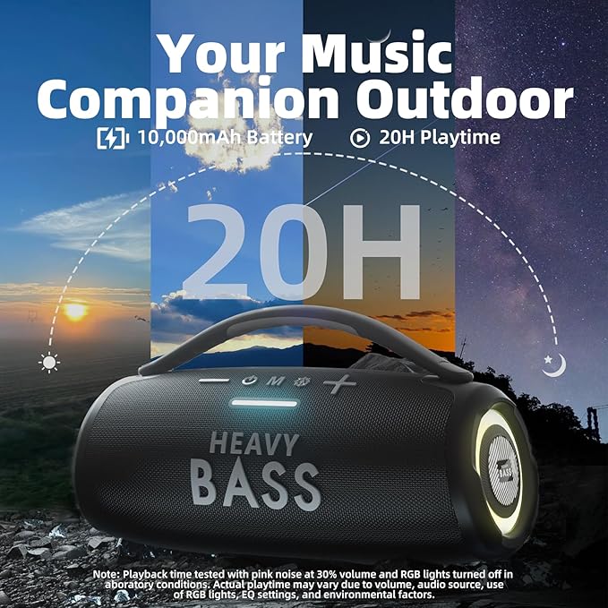 HEAVY BASS Speakers Bluetooth Wireless, 80W Max Loud Portable Speaker with Bass, 20H Playtime, IPX6 Waterproof, Dual Pairing, Gift Ideal for Adults Men Women Teen Boys Girls (Black, Large)